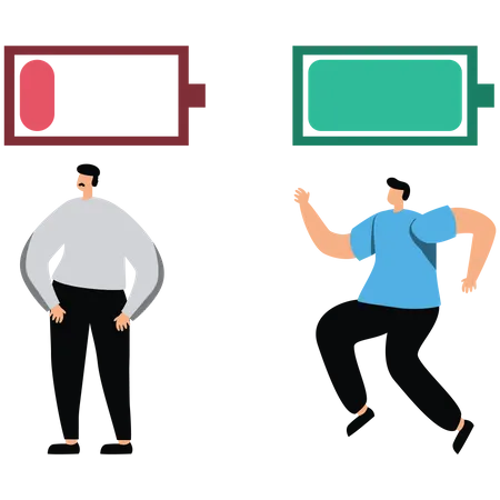 Businessman standing on full battery and other businessman standing on low battery  Illustration
