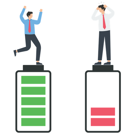 Businessman standing on full battery and other businessman standing on low battery  Illustration