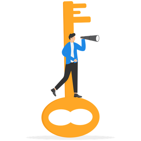 Businessman standing on giant key and holding binoculars  Illustration