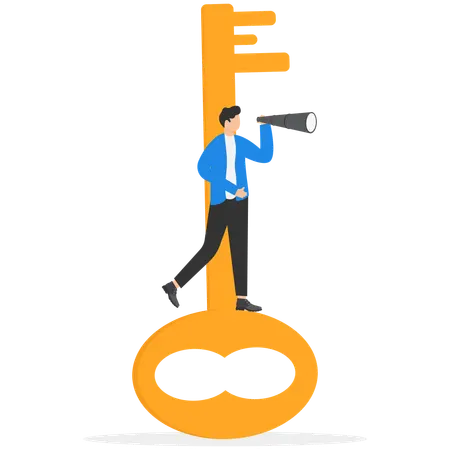 Businessman standing on giant key and holding binoculars  Illustration