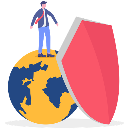 Businessman standing on glove while protecting globe  Illustration