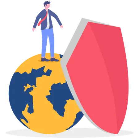 Businessman standing on glove while protecting globe  Illustration