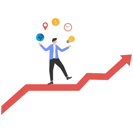 Businessman standing on growth chart while getting business idea  Illustration