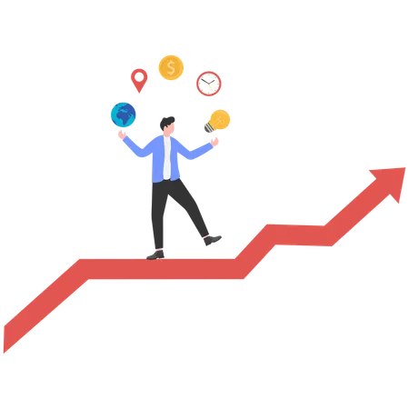 Businessman standing on growth chart while getting business idea  Illustration