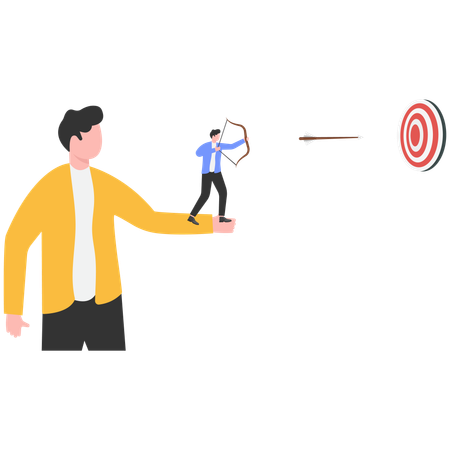 Businessman standing on hand of giants shooting bulls-eye  Illustration