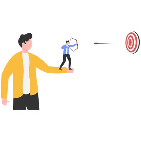 Businessman standing on hand of giants shooting bulls-eye  Illustration