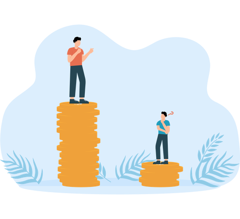 Businessman standing on high salary coins tower with poor black man on low coins stack  Illustration