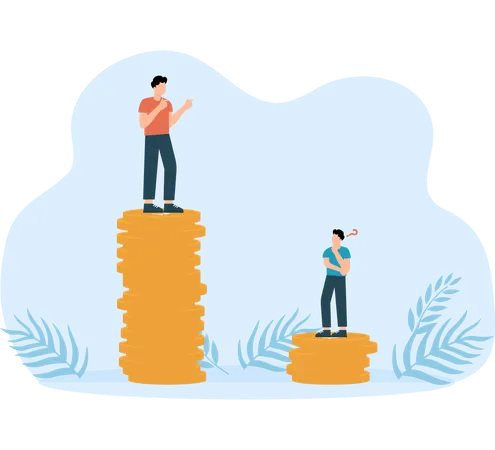 Businessman standing on high salary coins tower with poor black man on low coins stack  Illustration