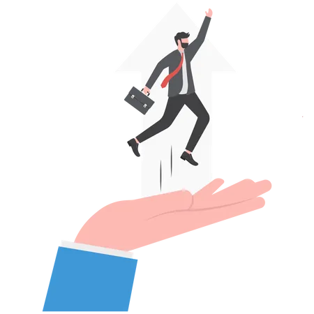 Businessman Standing On Human Hand And Pushing The Business Chart Arrows Upward Business Team Growth Concept Illustration
