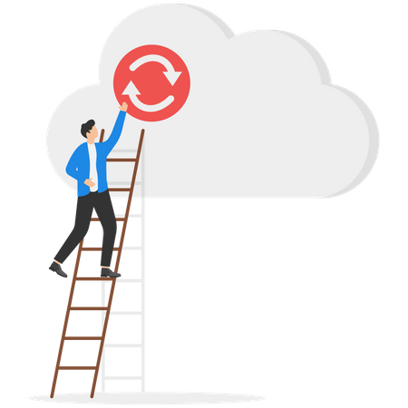 Businessman standing on ladder and working on cloud network  Illustration