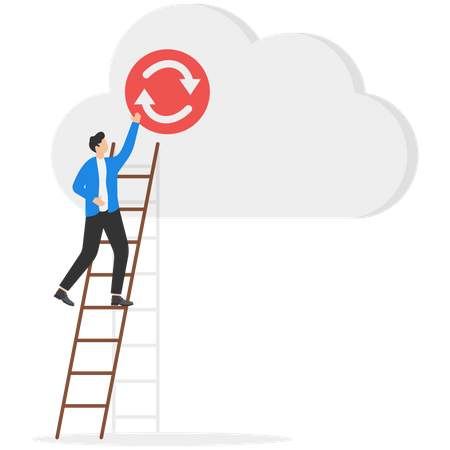 Businessman standing on ladder and working on cloud network  イラスト