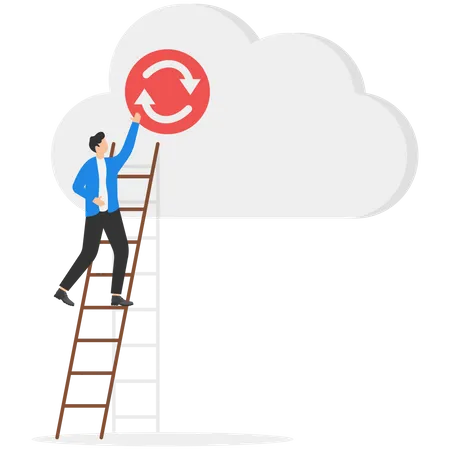 Businessman standing on ladder and working on cloud network  Illustration