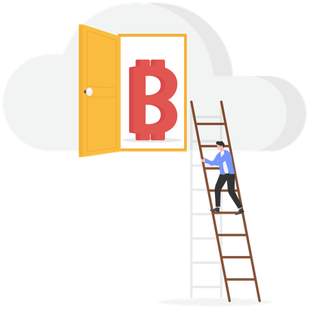 Businessman standing on ladder for bitcoin success  Illustration