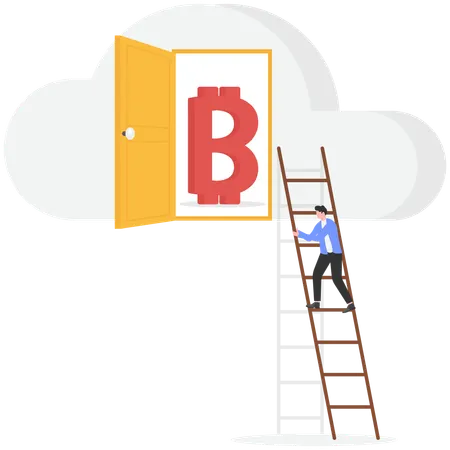 Businessman standing on ladder for bitcoin success  Illustration