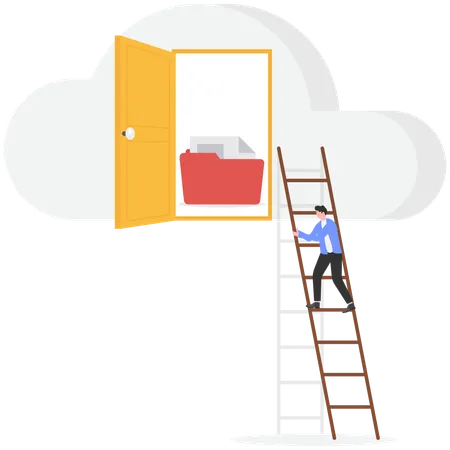 Businessman standing on ladder for business data  Illustration