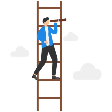 Businessman standing on ladder holding telescope looking into distance  Illustration