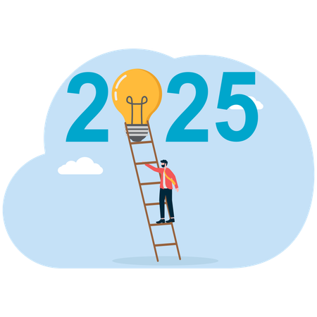 Businessman standing on ladder while getting new year business idea  Illustration