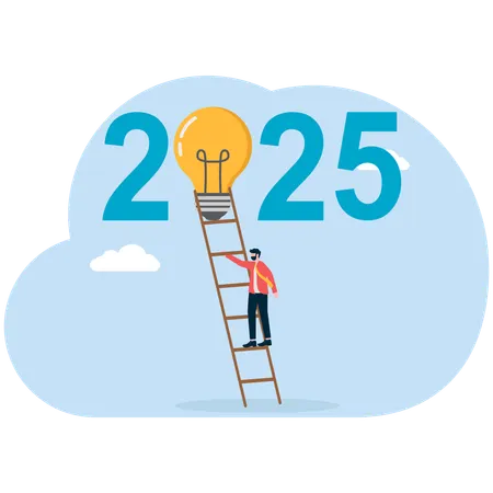Businessman standing on ladder while getting new year business idea  Illustration