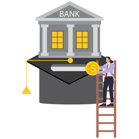 Businessman standing on ladder while huge banks holding down graduation caps  Illustration