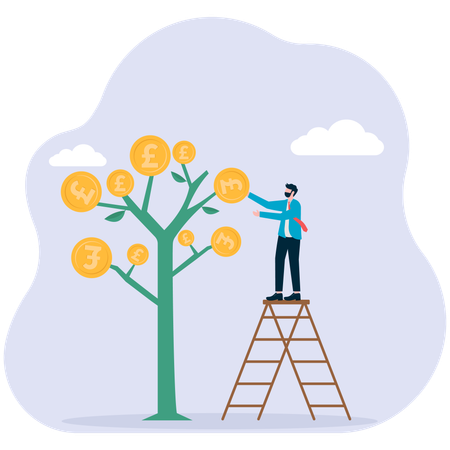 Businessman standing on ladder while pointing money plant  Illustration