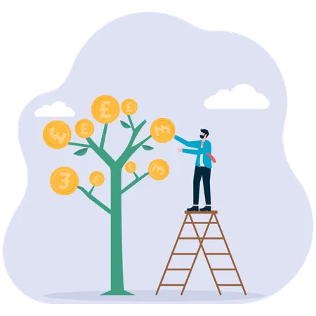 Businessman standing on ladder while pointing money plant  Illustration