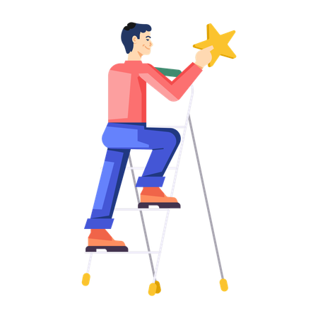 Businessman standing on ladder while putting star  Illustration