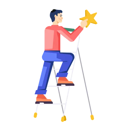 Businessman standing on ladder while putting star  Illustration