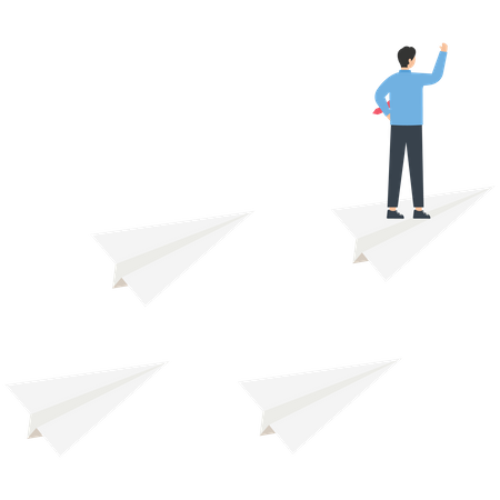 Businessman standing on leading flying paper airplane origami pointing finger to the direction to reach goal  Illustration