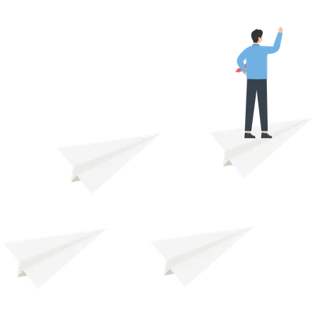 Businessman standing on leading flying paper airplane origami pointing finger to the direction to reach goal  Illustration