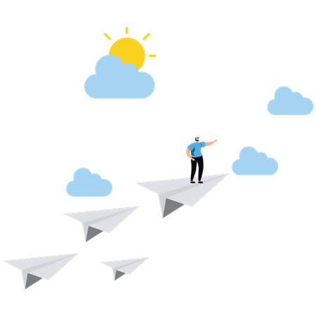 Businessman standing on leading flying paper airplane origami pointing finger to the direction to reach goal  Illustration
