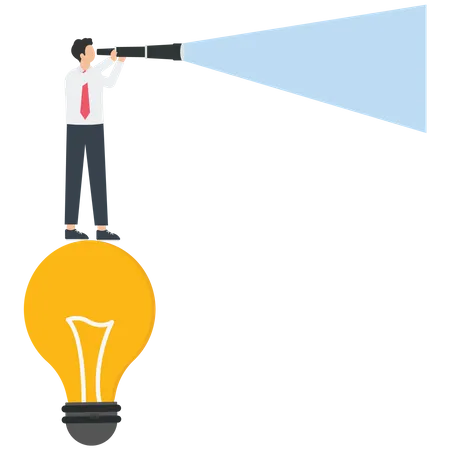 Businessman standing on light bulb looking for ideas  Illustration