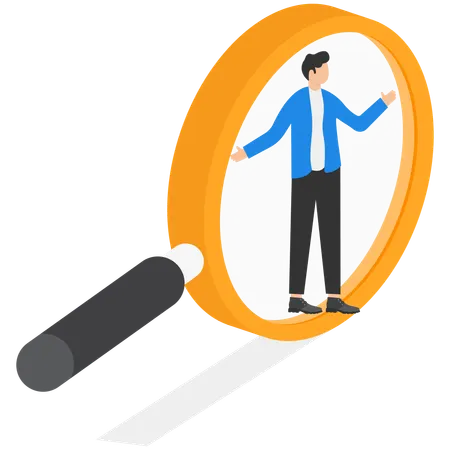 Businessman standing on magnifying glass search good specialist  Illustration