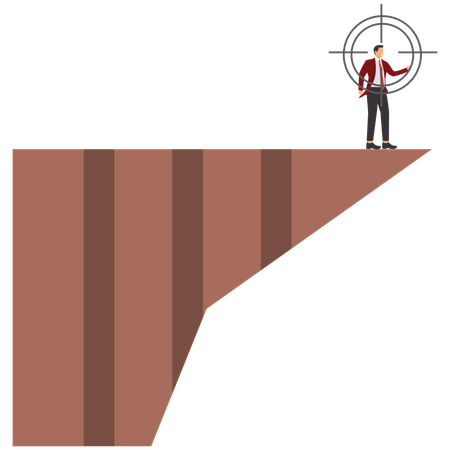 Businessman standing on montain peak while having business target  Illustration