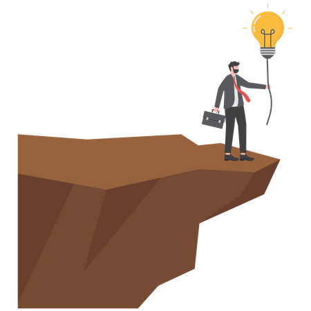 Businessman standing on mountain cliff with creative ideas  Illustration