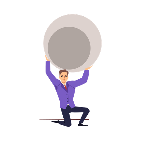 Businessman standing on one knee while holding huge stone  Illustration