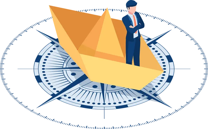 Flat 3 D Isometric Businessman Standing On Paper Boat Over The Compass Business And Leadership Concept Illustration