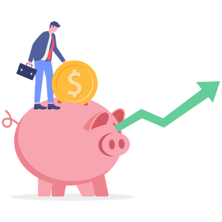 Businessman standing on piggy bank while getting financial profit  Illustration