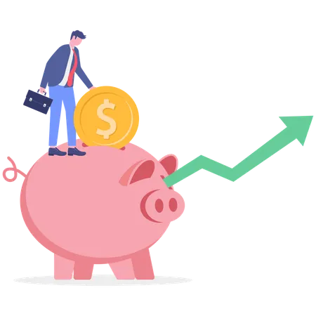 Businessman standing on piggy bank while getting financial profit  Illustration