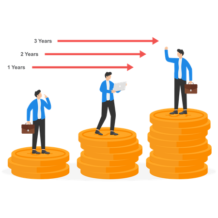 Businessman standing on pile of coins their wealth based on length of work in office  Illustration