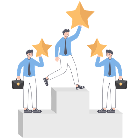 Businessman standing on podium while holding stars  Illustration