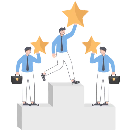 Businessman standing on podium while holding stars  Illustration