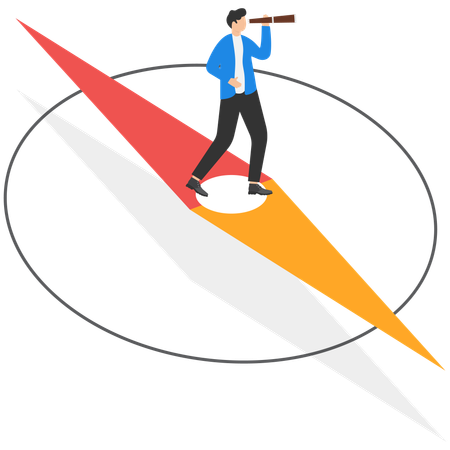 Businessman standing on pointer and exploring direction  Illustration