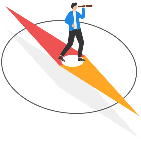 Businessman standing on pointer and exploring direction  Illustration