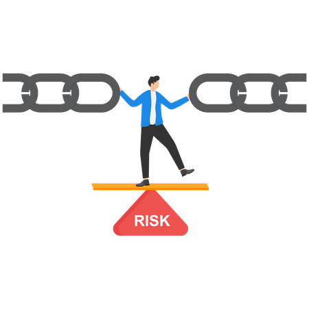 Businessman standing on risk triangle with holding metal chain together  Illustration