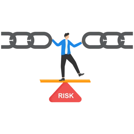 Businessman standing on risk triangle with holding metal chain together  Illustration