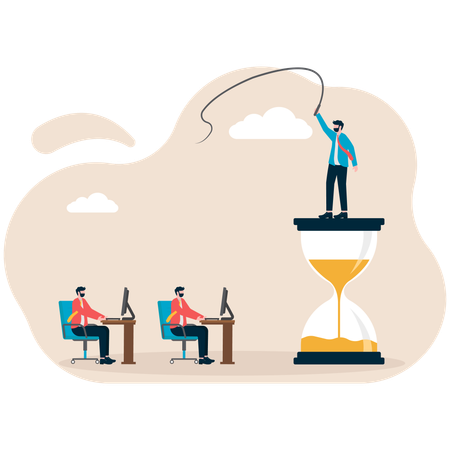 Businessman standing on sand clock while doing job with time  Illustration
