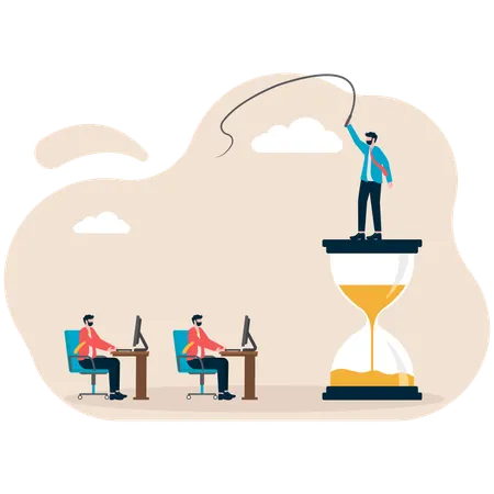 Businessman standing on sand clock while doing job with time  Illustration