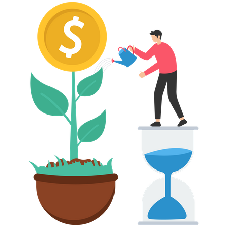 Businessman standing on sandglass watering dollar plant  Illustration