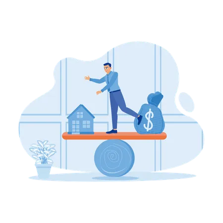 Businessman Standing On Seesaw Inside House  Illustration