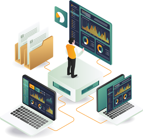 Businessman standing on server while doing data analysis  Illustration